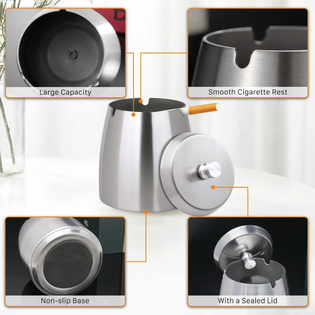 OILP Modern Windproof Ashtray with Lid 10.16cm x 11.18cm (4in x 4.4in) | Stainless Steel Tabletop Smokeless Ashtray - view 4