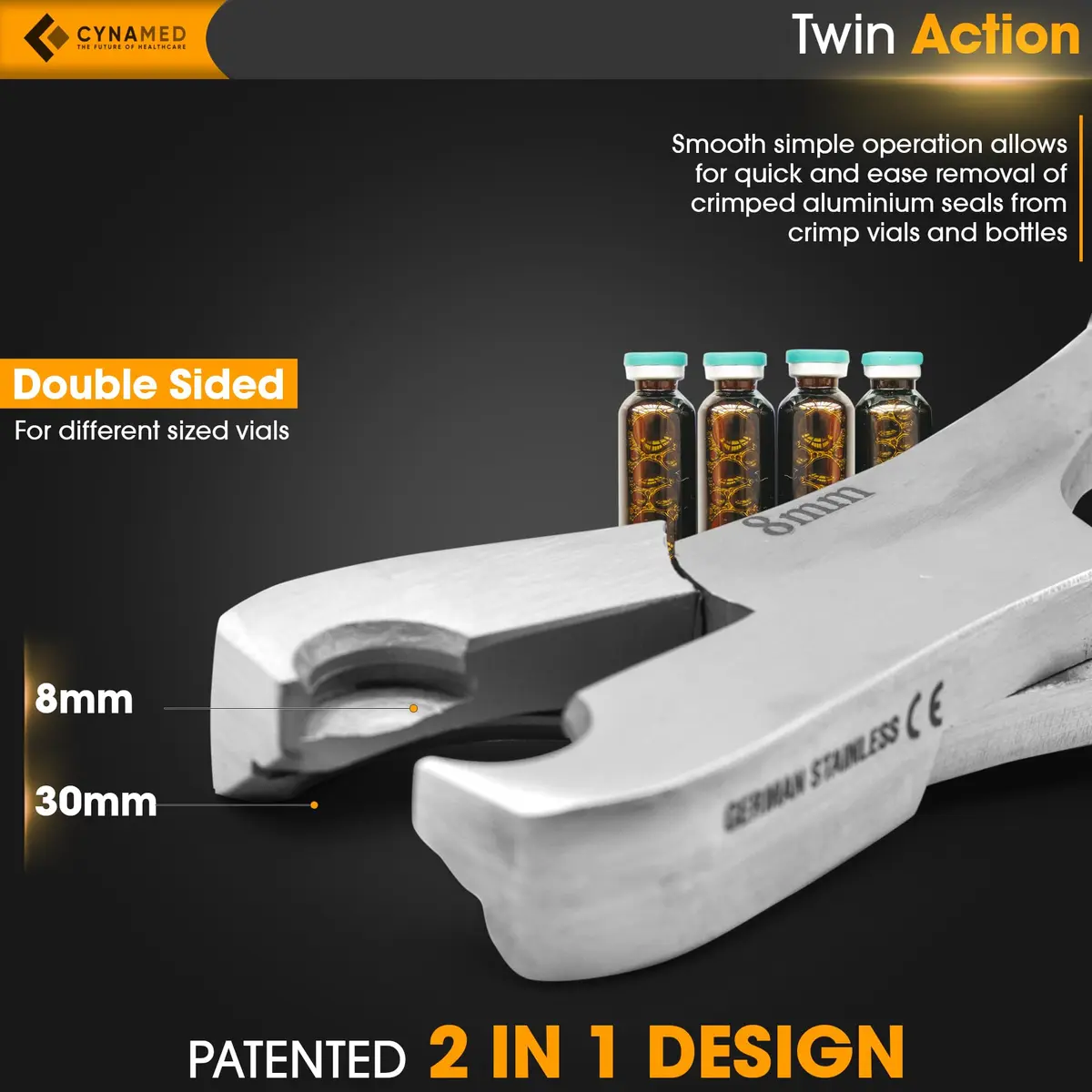 Cynamed Twin Action Decapper Pliers | Easy Crimped Vial Cap Removal, German Stainless Steel, 8mm & 30mm | Professional Lab Tool - view 2