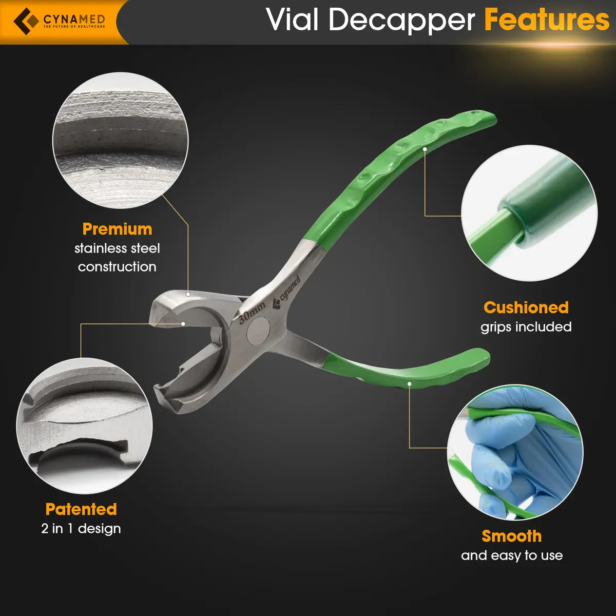 Cynamed Twin Action Decapper Pliers | Easy Crimped Vial Cap Removal, German Stainless Steel, 8mm & 30mm | Professional Lab Tool - view 3