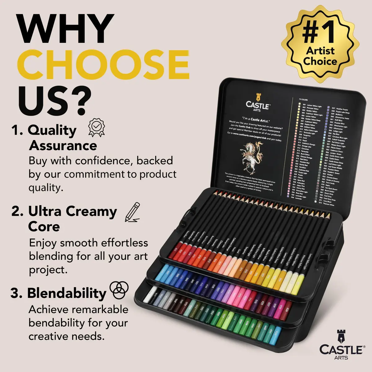 Castle Art Supplies 72 Colored Pencils for Adults - Soft Core Leads | Assorted Colors Writing Instrument - view 2