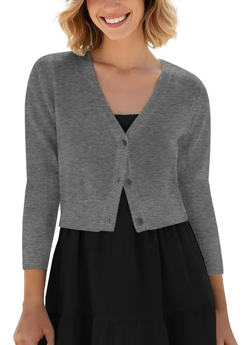 Urban CoCo Women's Cropped Cardigan V-Neck Button Down Sweater 3/4 Sleeve (S, Heather Gray) | Lightweight Knit for Women - main product image