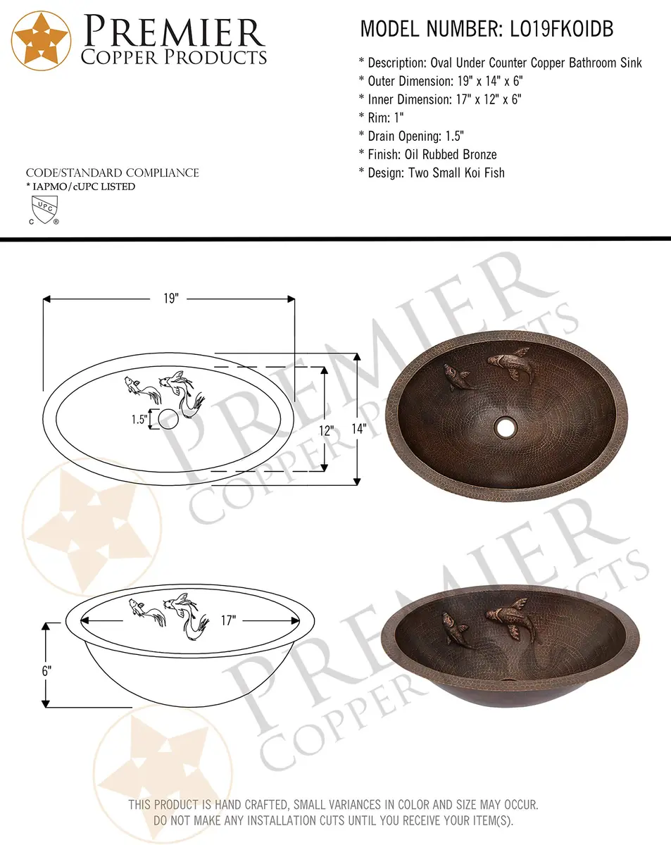 Premier Copper Products LO19FKOIDB 19-Inch Oval Copper Bathroom Sink with Koi Fish Design | Handcrafted, Recycled Copper, Limited Lifetime - view 6