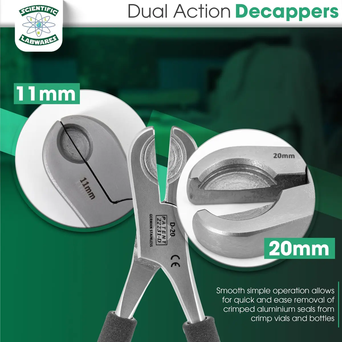 Scientific Labwares Dual Action Decapper Pliers for 11mm & 20mm Vials | Heavy Duty Stainless Steel - view 2