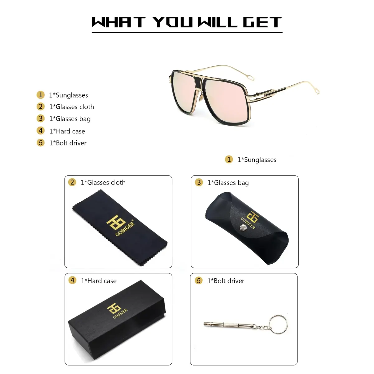 GOBIGER Aviator Sunglasses for Men Retro Fashion Gold/Mirrored Pink Full Frame Stainless Steel | UV400 Protection - view 5