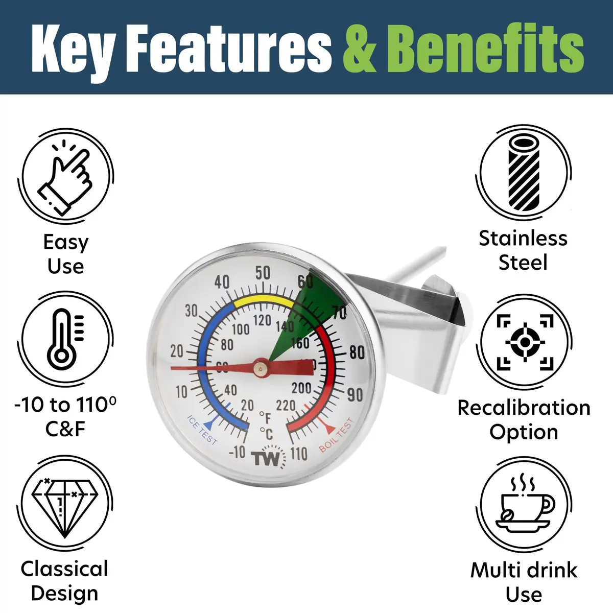 Thermometer World Milk & Coffee Thermometer 165mm Probe | Easy Read Analog Gauge for Steaming Milk, Yogurt, Cheese Making - view 2