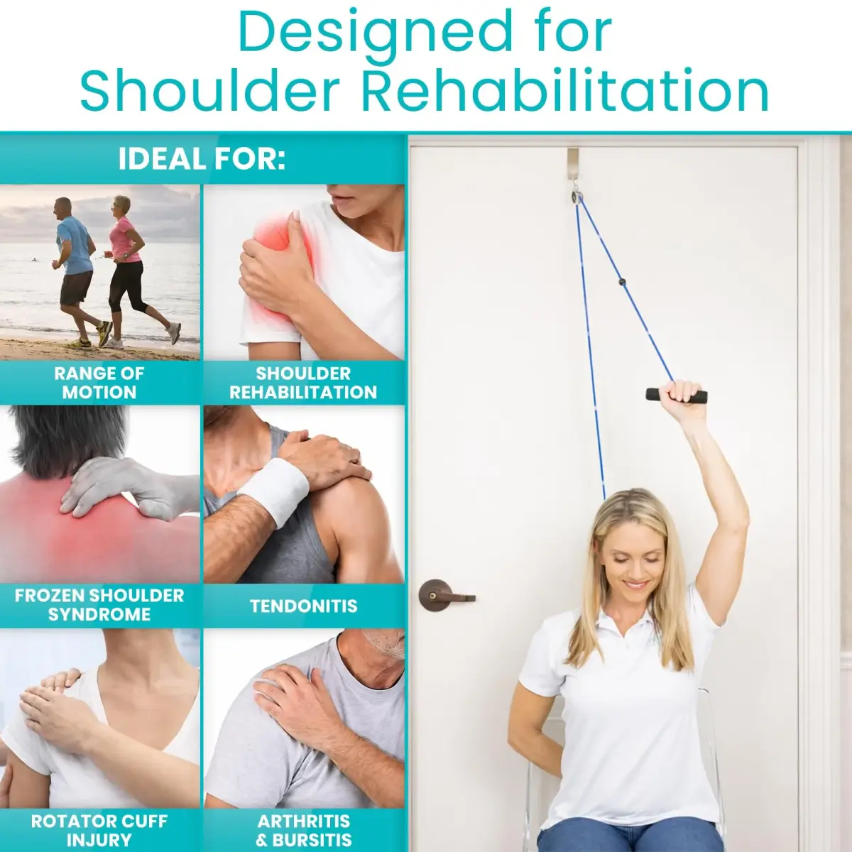Vive Shoulder Pulley System for Physical Therapy - Rotator Cuff Pain Rehab Exerciser with Metal Pulley & Blue Handles - view 3