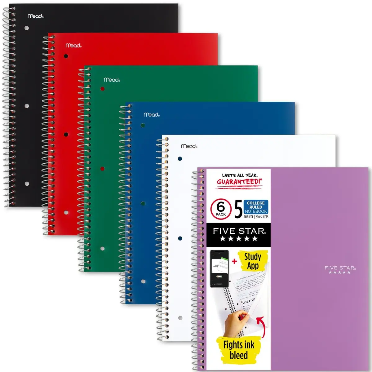 Five Star Spiral Notebook 6 Pack, 5 Subject, College Ruled Paper, 8-1/2" x 11", 200 Sheets Per Notebook | Water Resistant Cover, Study App Compatible - main product image