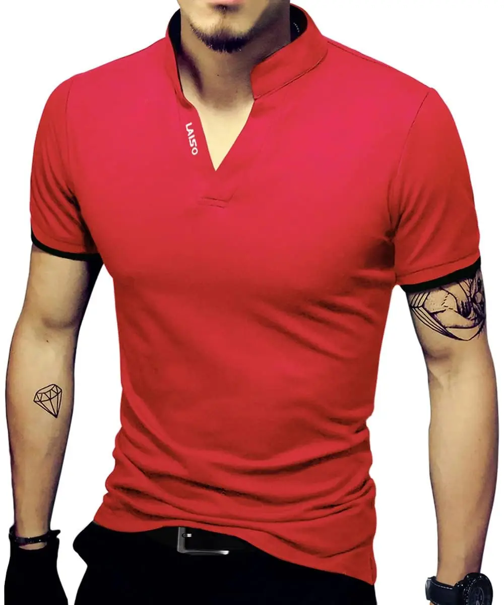 LOGEEYAR Mens Short-Sleeve Slim Fit Cotton Pique Polo Shirt | Classic V-Neck, Red, Large - main product image