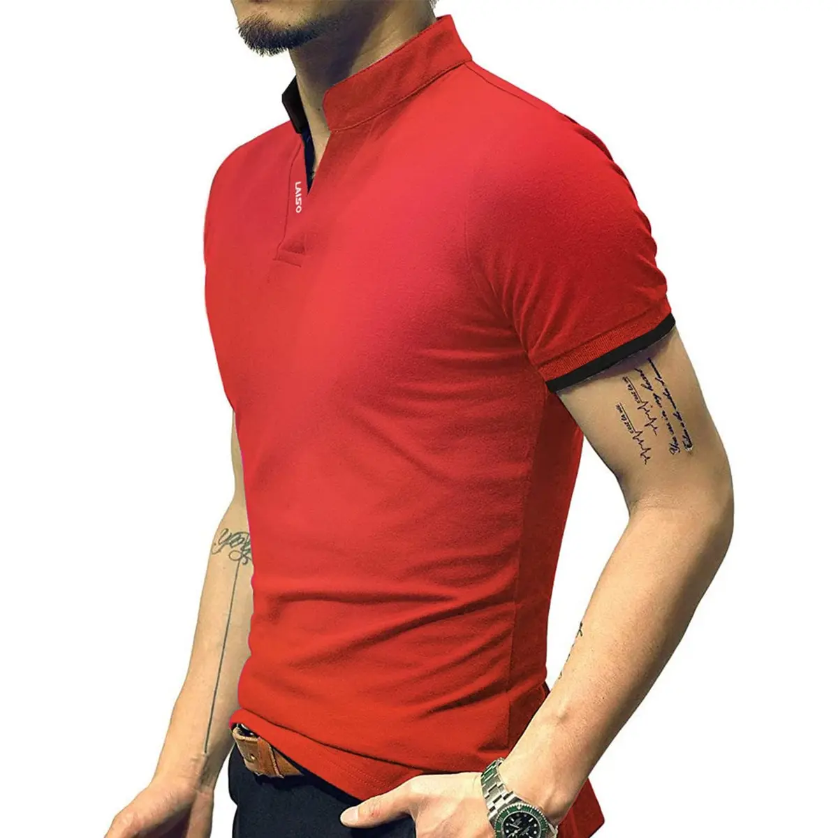 LOGEEYAR Mens Short-Sleeve Slim Fit Cotton Pique Polo Shirt | Classic V-Neck, Red, Large - view 6