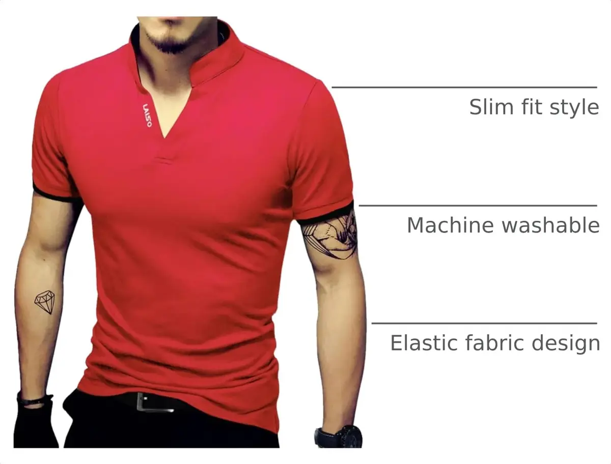 LOGEEYAR Mens Short-Sleeve Slim Fit Cotton Pique Polo Shirt | Classic V-Neck, Red, Large - view 4