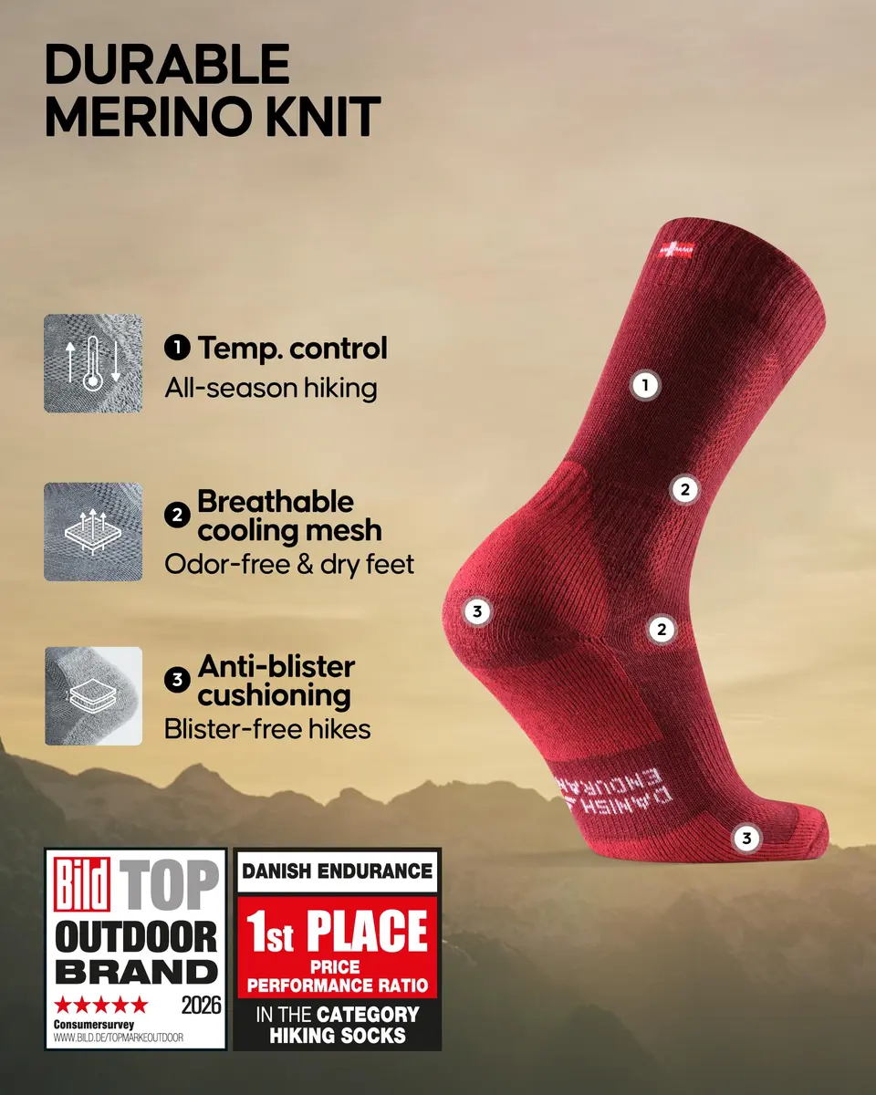 DANISH ENDURANCE Merino Wool Hiking Socks 3-Pack Medium | Crew-Height, Cushioned, Breathable, Anti-Blister - view 2