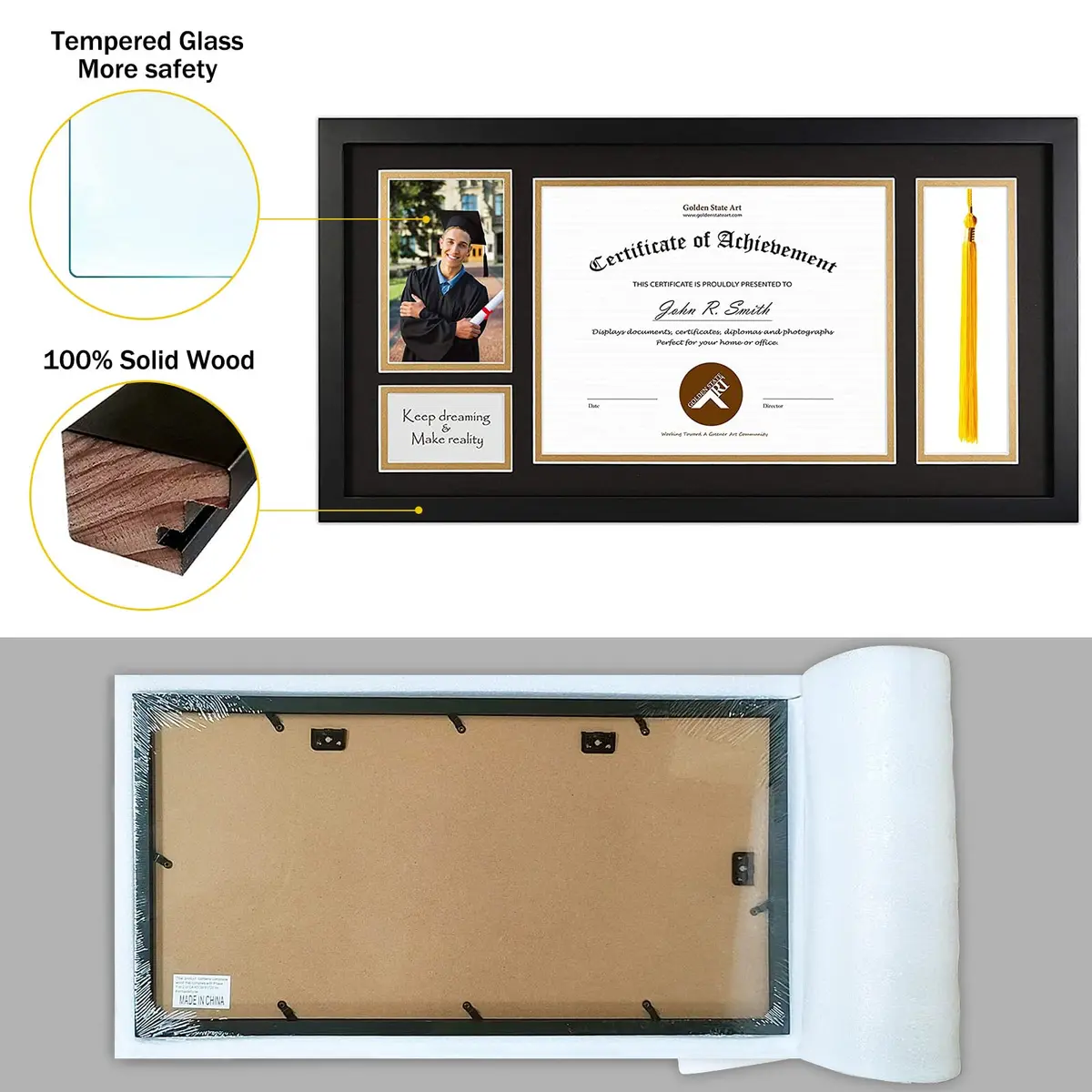 Golden State Art Diploma Frame with Tassel Holder and Photo, Black Wood | Classic Graduation Shadow Box - view 4