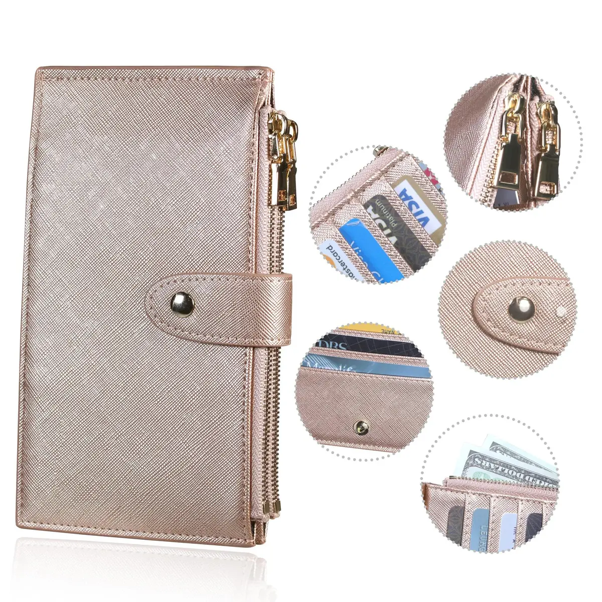Travelambo RFID Wallet Women Large Size Bifold Multi Card Wallet Case with Zipper Pocket, Rose Gold | 15 Card Slots, RFID Blocking - view 4