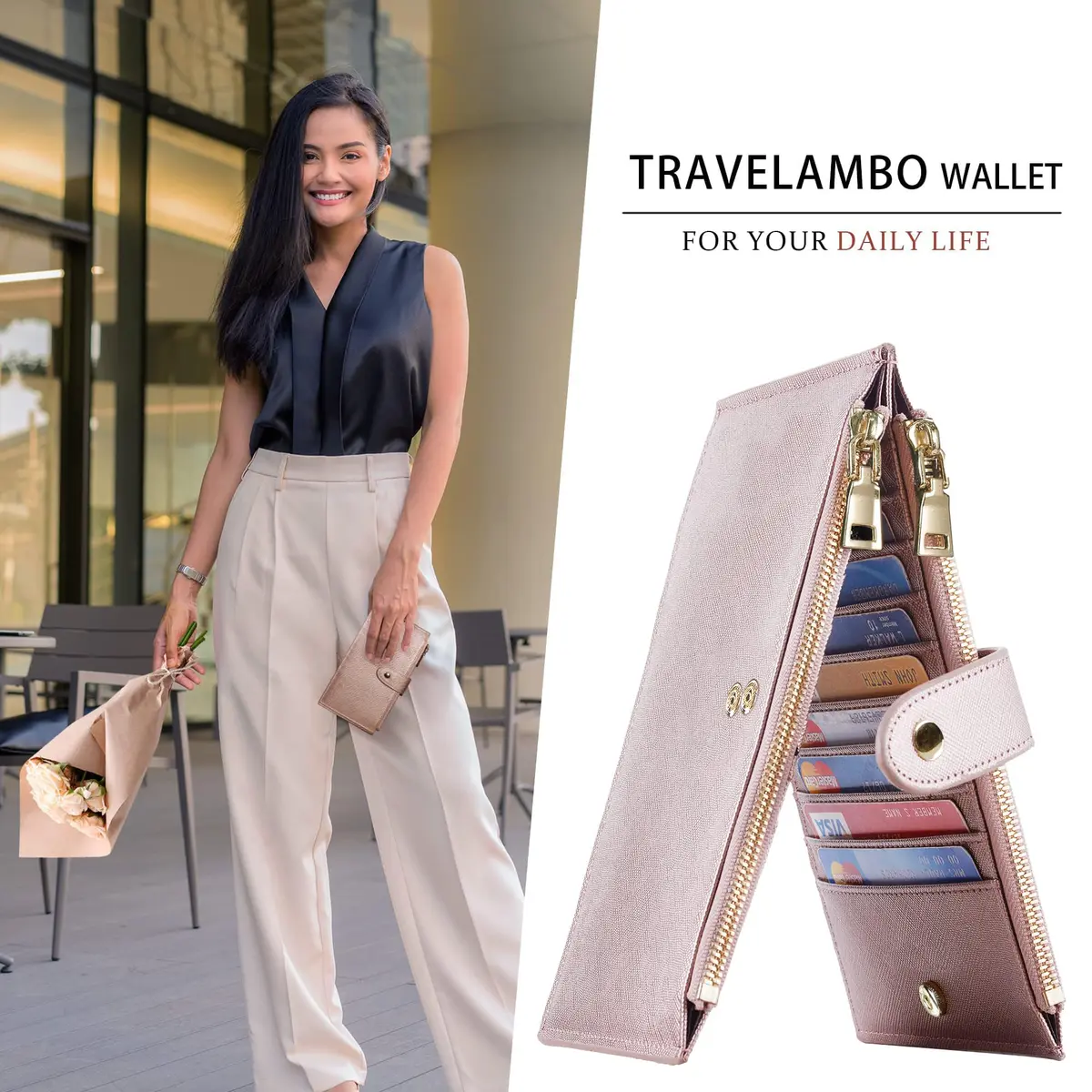 Travelambo RFID Wallet Women Large Size Bifold Multi Card Wallet Case with Zipper Pocket, Rose Gold | 15 Card Slots, RFID Blocking - view 5