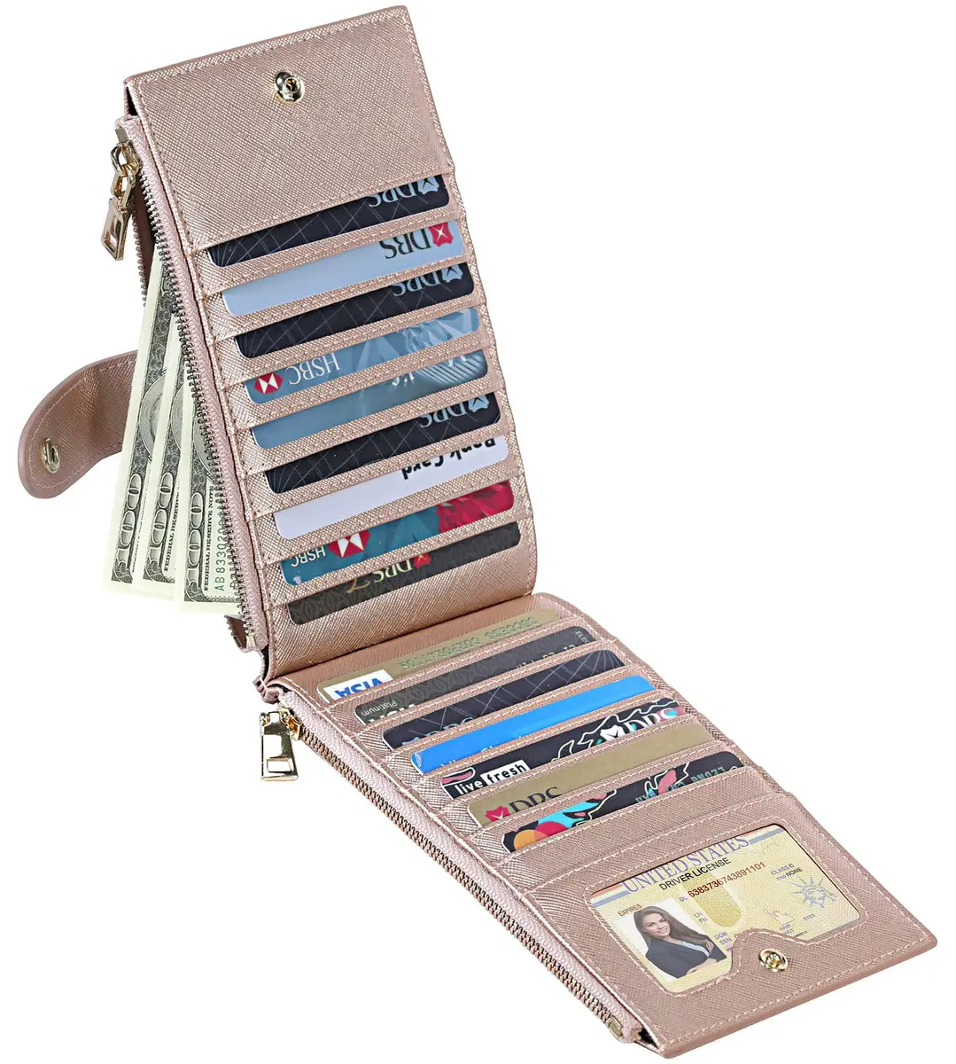 Travelambo RFID Wallet Women Large Size Bifold Multi Card Wallet Case with Zipper Pocket, Rose Gold | 15 Card Slots, RFID Blocking - view 9