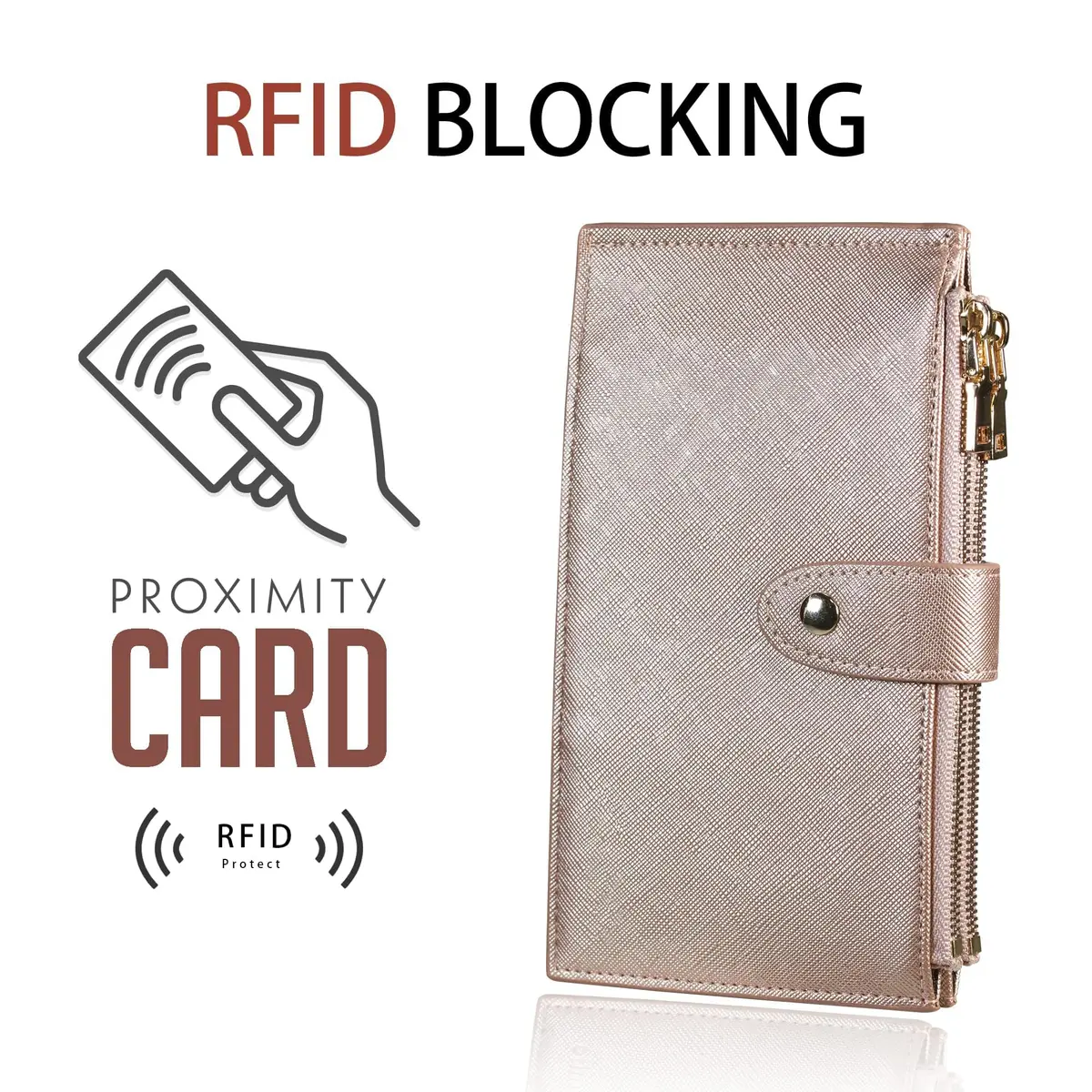 Travelambo RFID Wallet Women Large Size Bifold Multi Card Wallet Case with Zipper Pocket, Rose Gold | 15 Card Slots, RFID Blocking - view 3