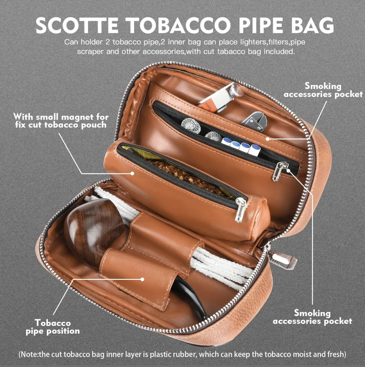 Scotte Handmade Pipe Set with Leather Pouch & Accessories | Brown Wood Pipe Kit (10-Piece Set) - view 6