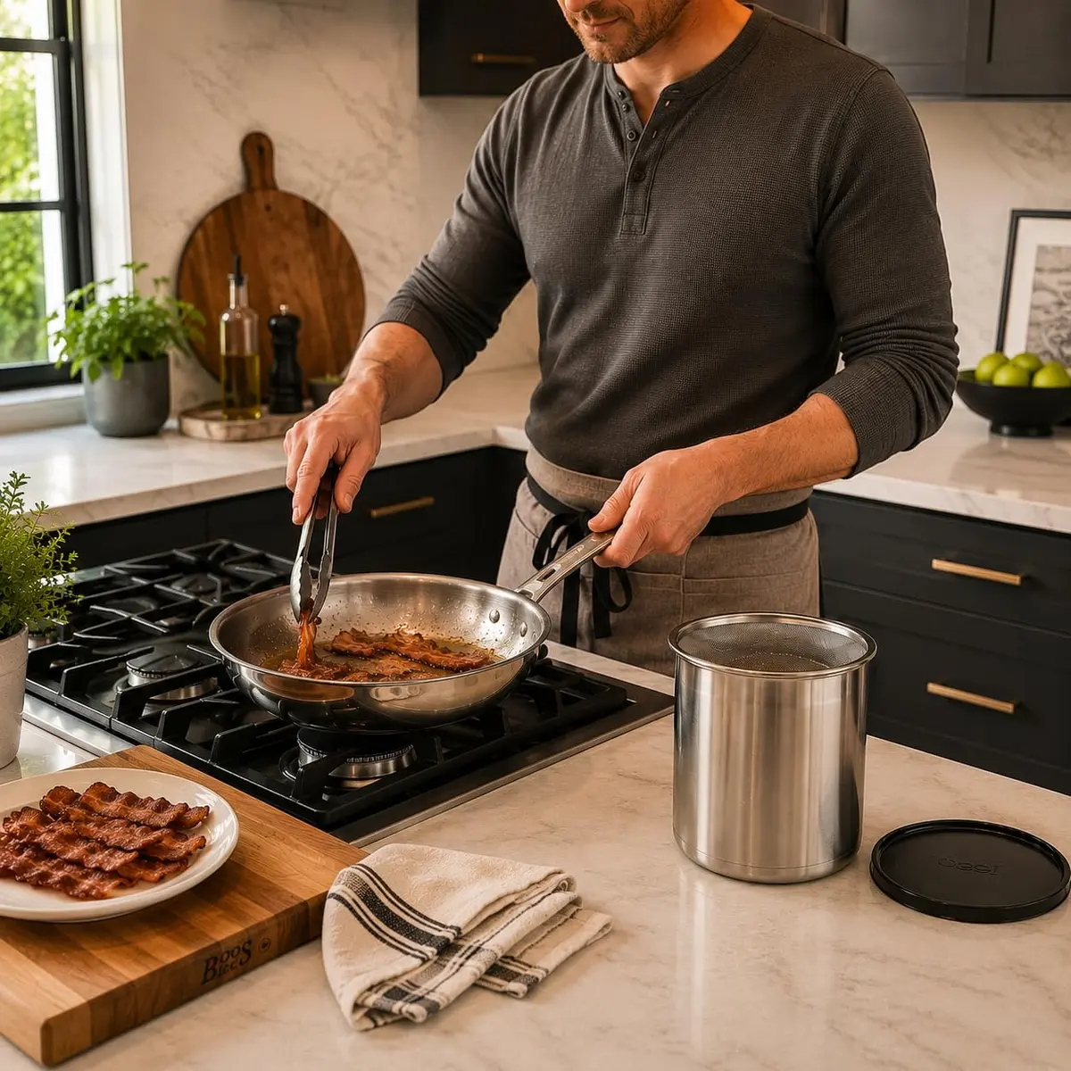Oggi Stainless Steel Jumbo Grease Container with Removable Strainer and Snug Lid | Large Capacity for Kitchen & RV (70-120 chars) - view 6