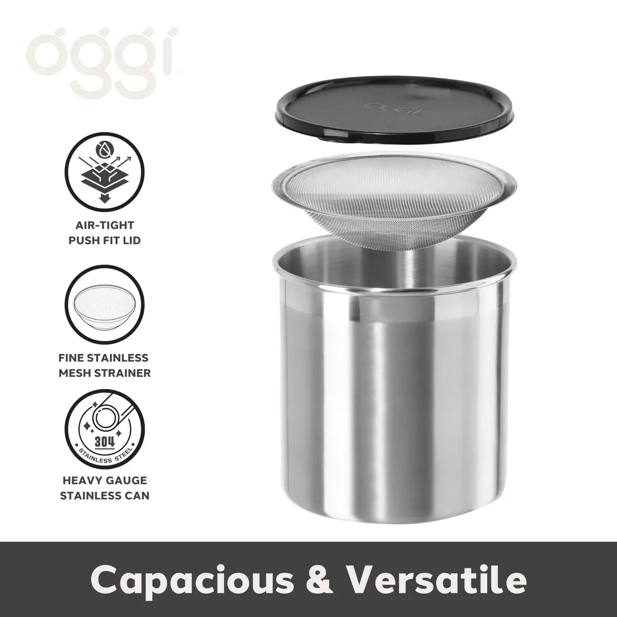 Oggi Stainless Steel Jumbo Grease Container with Removable Strainer and Snug Lid | Large Capacity for Kitchen & RV (70-120 chars) - view 2