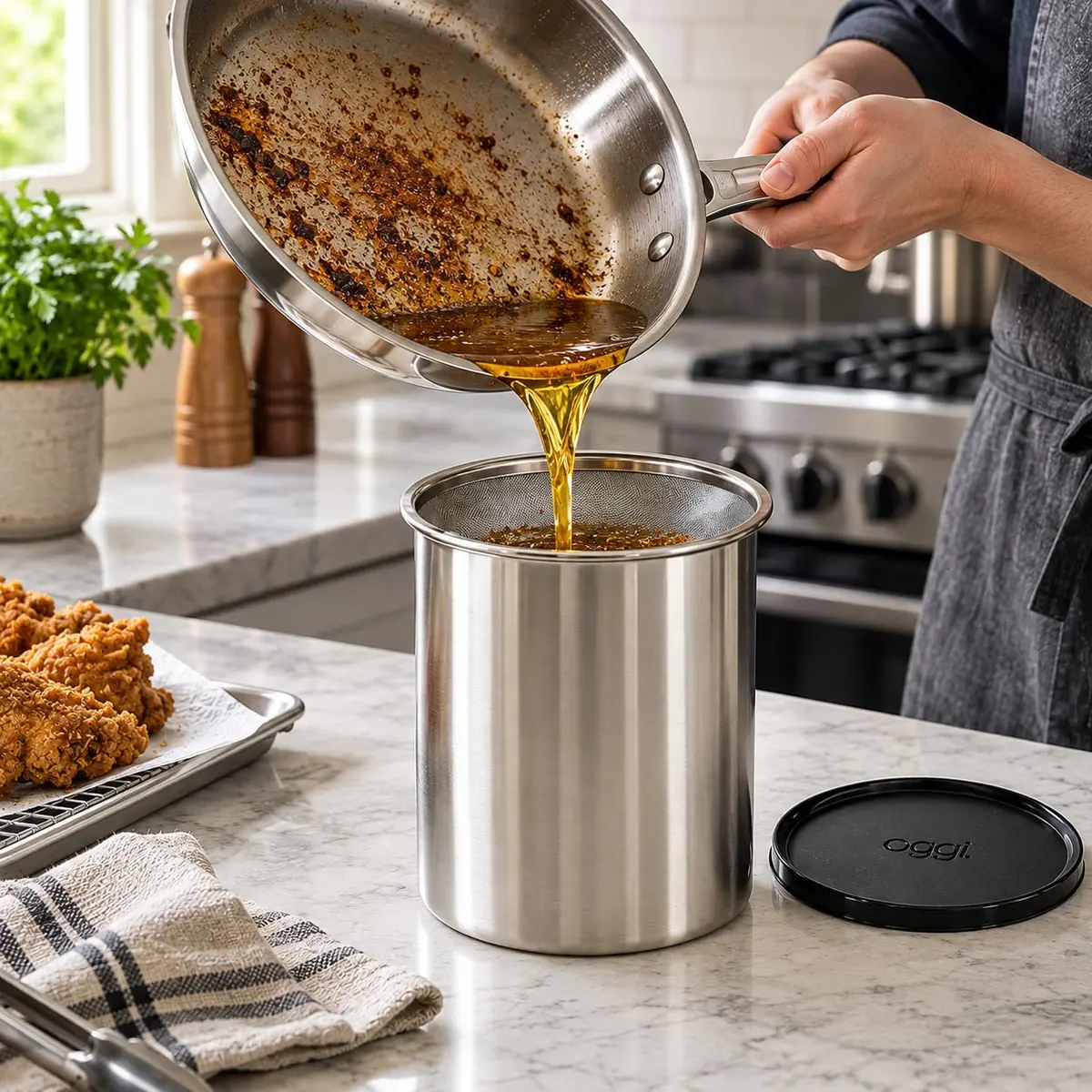 Oggi Stainless Steel Jumbo Grease Container with Removable Strainer and Snug Lid | Large Capacity for Kitchen & RV (70-120 chars) - view 4