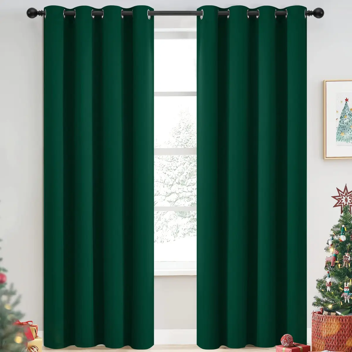 Yakamok Room Darkening Curtains 52x84 inch Dark Green | Elegant Modern Grommet Panel Set - main product image