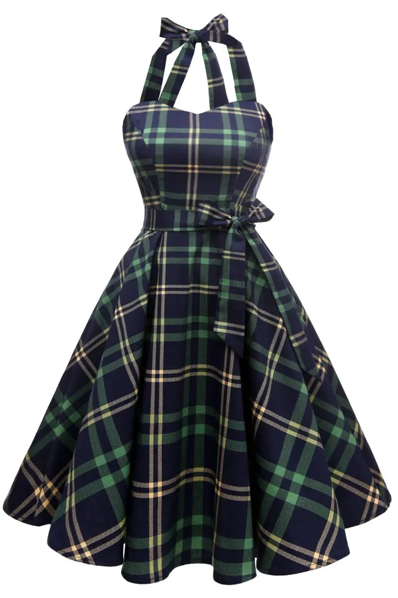 Topdress Vintage Polka Audrey Dress 3XL | Halter Neck, Green Plaid, 95% Cotton - main product image