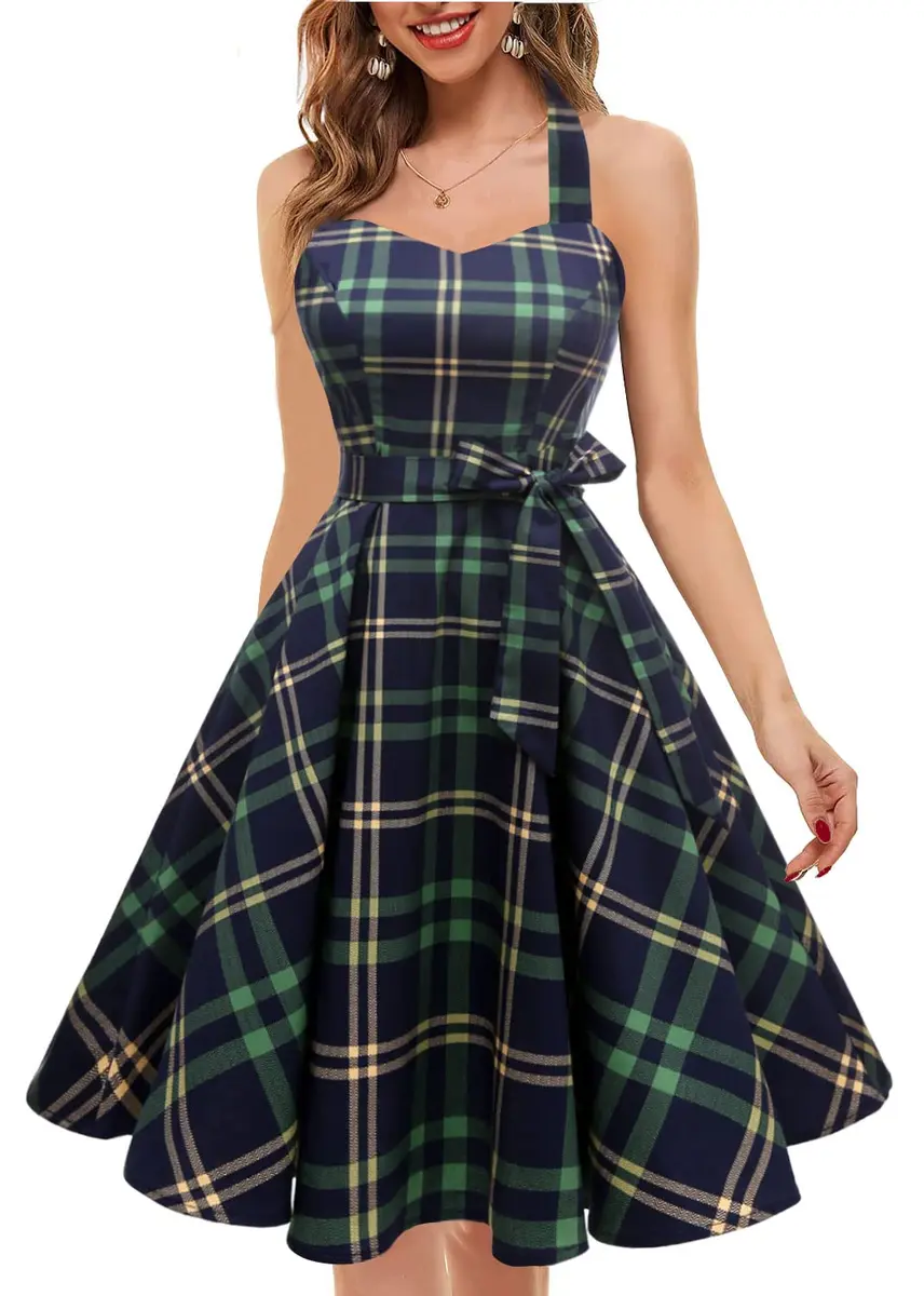 Topdress Vintage Polka Audrey Dress 3XL | Halter Neck, Green Plaid, 95% Cotton - view 2