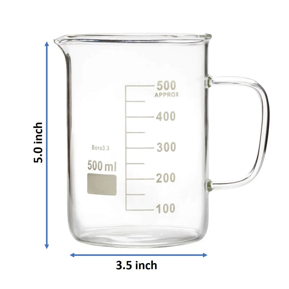 Microyn Glass Beaker with Handle, 500ml (16.9oz / 444ml) | Double Graduated Lab Beaker Mug - view 2