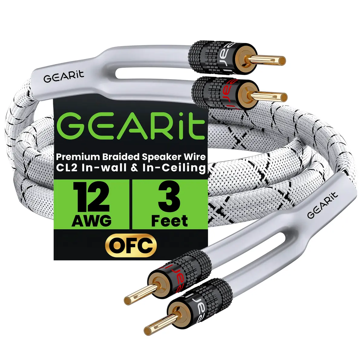 GEARit 12AWG Braided Speaker Cable with Gold-Plated Banana Plugs, 0.91 m (3 Feet) | High-Purity OFC Copper Wire for Amplifiers - main product image