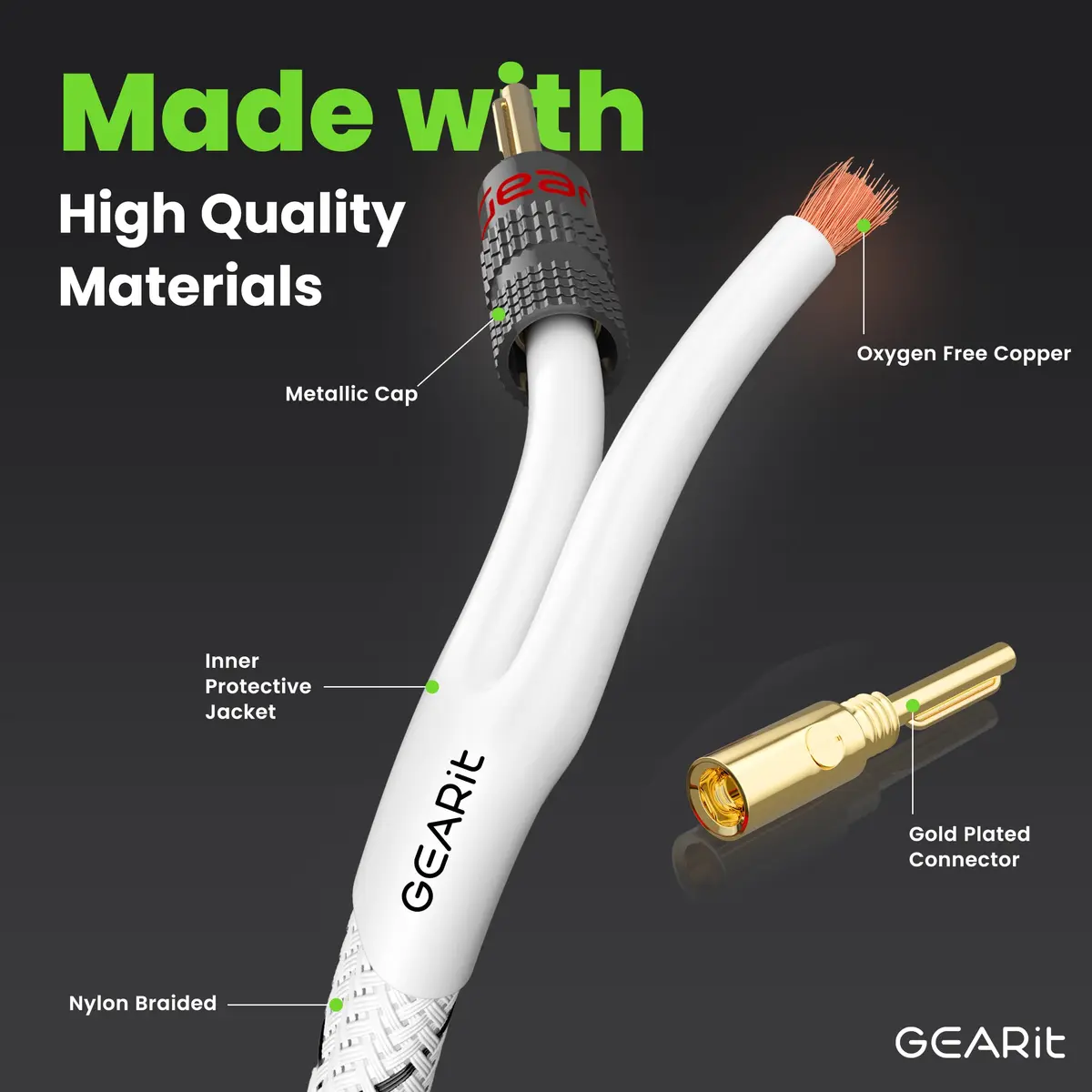 GEARit 12AWG Braided Speaker Cable with Gold-Plated Banana Plugs, 0.91 m (3 Feet) | High-Purity OFC Copper Wire for Amplifiers - view 2