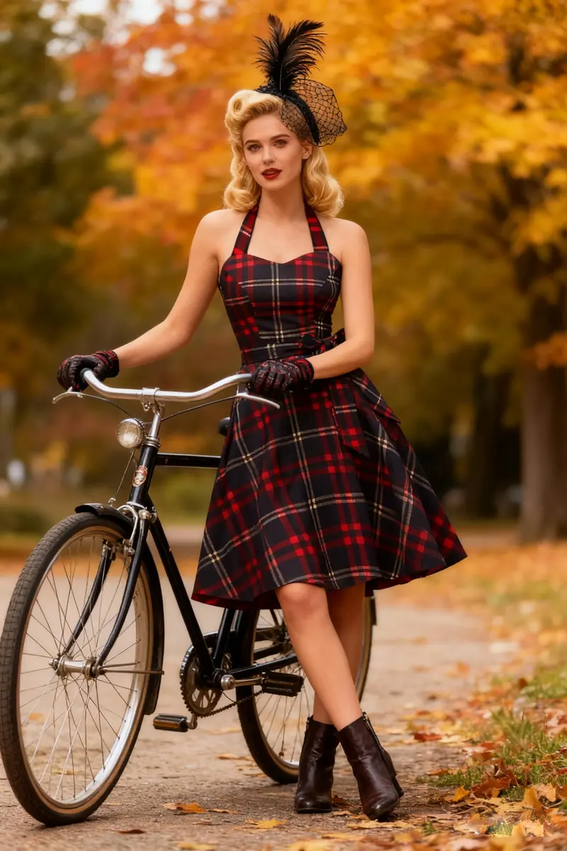 Topdress Vintage Polka Audrey Dress 1950s Halter Cocktail Dress Red Plaid XX-Large | Classic Retro Style for Women - view 4