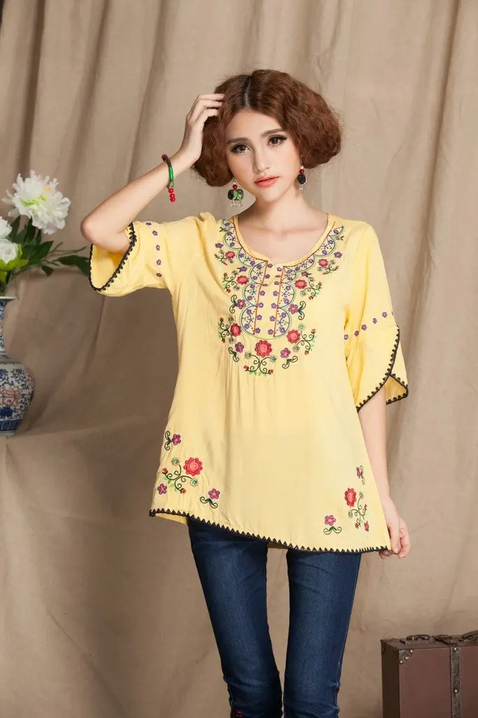 Ashir Aley Bell Sleeve Womens Girls Embroidered Cotton Peasant Tops Mexican Bohemian Shirts Blouses (L,Yellow) | Boho Floral Embroidery, Cotton, Casual Fit - view 2