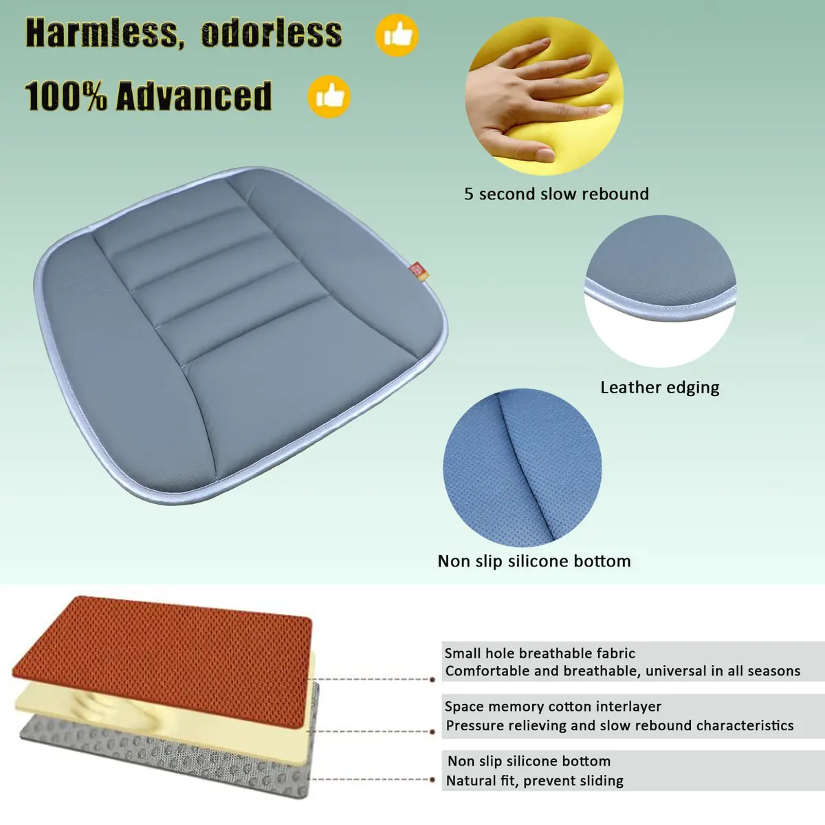 RaoRanDang Gray Memory Foam Car Seat Cushion Pad for Driving & Office Chairs | 54cm x 46cm (21.3" x 18.5") - view 4