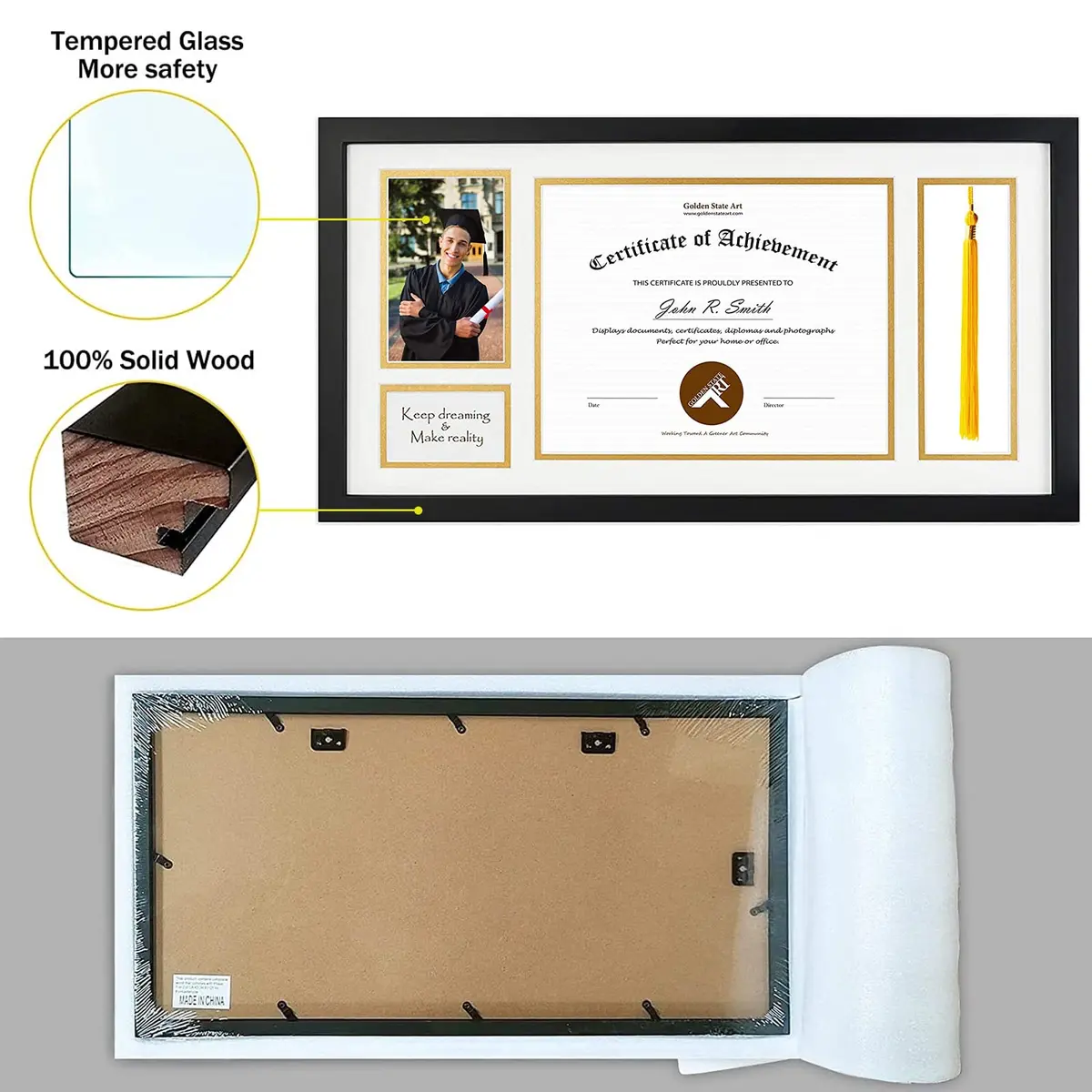 Golden State Art Diploma Frame with Tassel Holder and Photo, Black Wood | Modern Shadow Box for Certificates & Photos - view 2