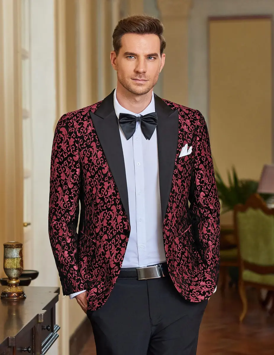 COOFANDY Floral Party Suit Jacket Red XL | Elegant Jacquard Design for Men - view 2
