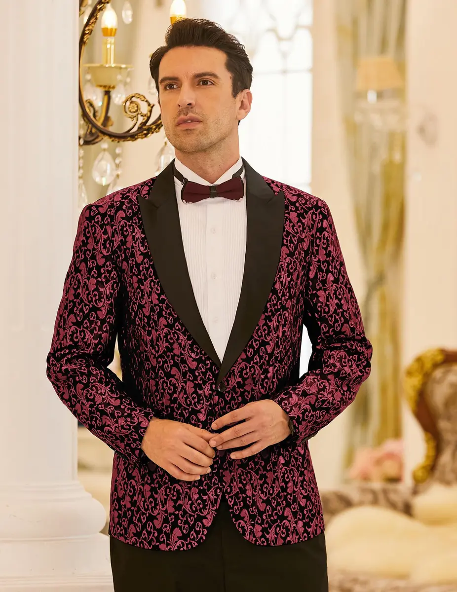 COOFANDY Floral Party Suit Jacket Red XL | Elegant Jacquard Design for Men - view 3