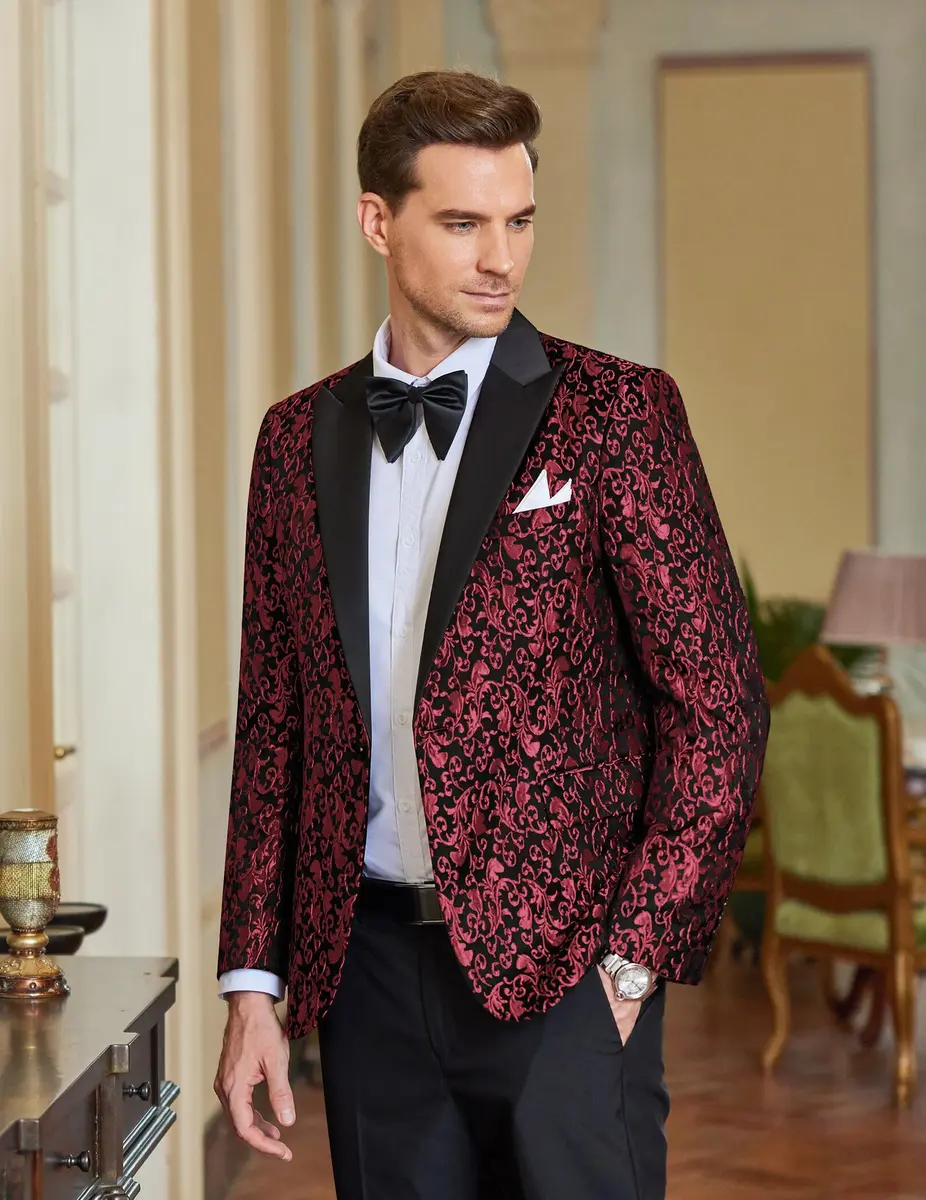 COOFANDY Floral Party Dress Suit Stylish Dinner Jacket Wedding Blazer 1 - Red | One Button Tuxedo for Men - view 7