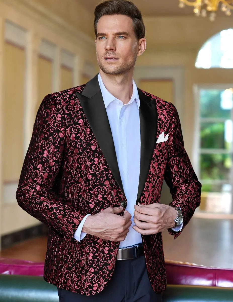 COOFANDY Floral Party Dress Suit Stylish Dinner Jacket Wedding Blazer 1 - Red | One Button Tuxedo for Men - view 8