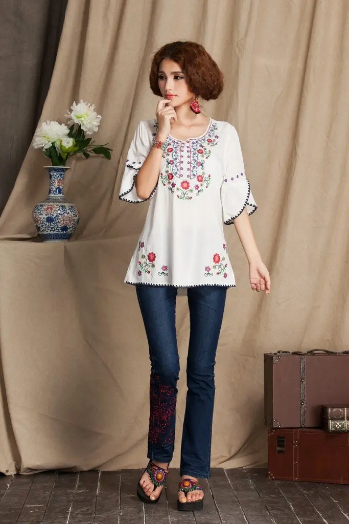 Ashir Aley Bell Sleeve Womens Girls Embroidered Peasant Tops Mexican Bohemian Blouses (XL,White) | Floral Embroidered Cotton Summer Top - view 5