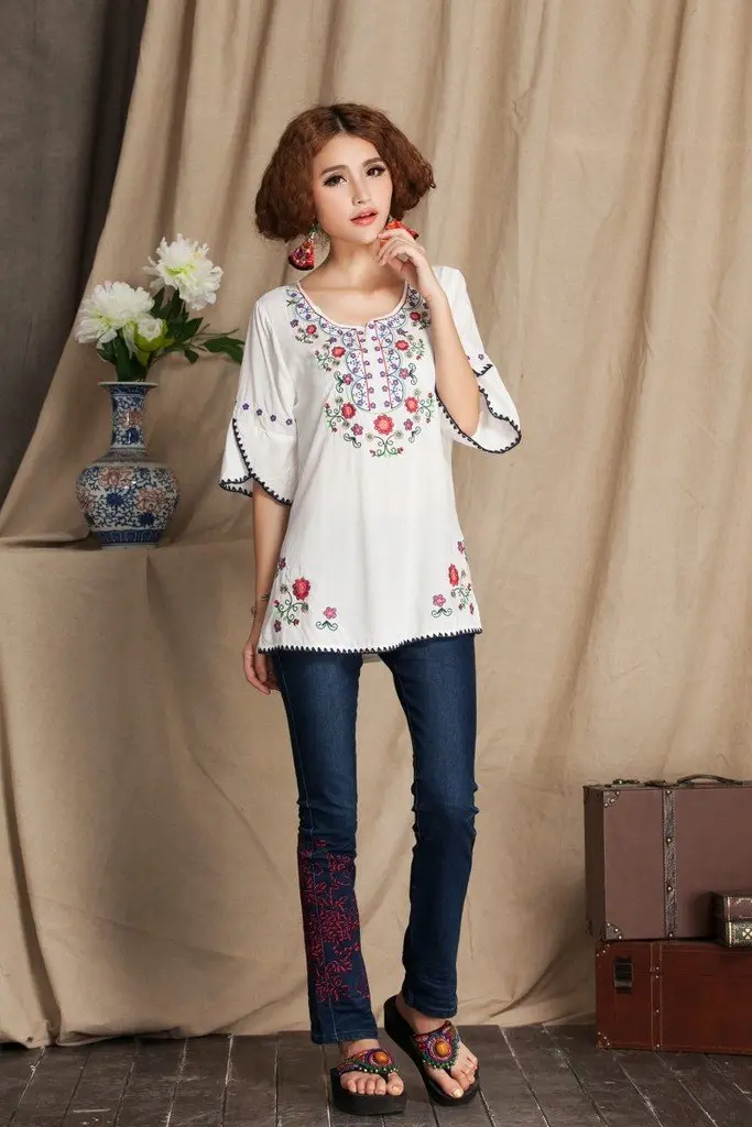 Ashir Aley Bell Sleeve Womens Girls Embroidered Peasant Tops Mexican Bohemian Blouses (XL,White) | Floral Embroidered Cotton Summer Top - view 6