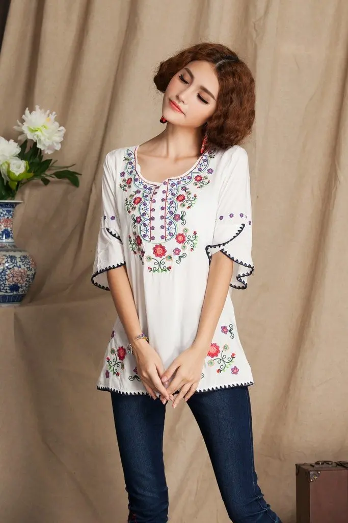 Ashir Aley Bell Sleeve Womens Girls Embroidered Peasant Tops Mexican Bohemian Blouses (XL,White) | Floral Embroidered Cotton Summer Top - view 2