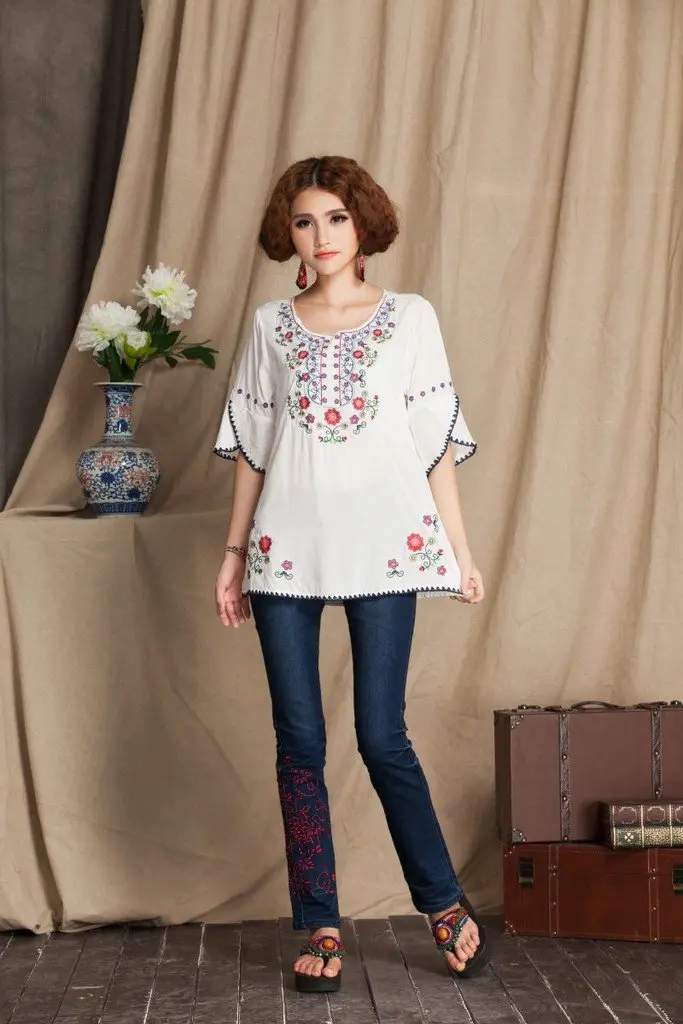 Ashir Aley Bell Sleeve Womens Girls Embroidered Peasant Tops Mexican Bohemian Blouses (XL,White) | Floral Embroidered Cotton Summer Top - view 3