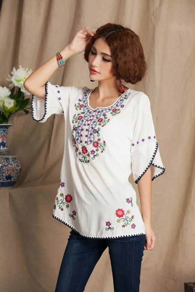 Ashir Aley Bell Sleeve Womens Girls Embroidered Peasant Tops Mexican Bohemian Blouses (XL,White) | Floral Embroidered Cotton Summer Top - view 4