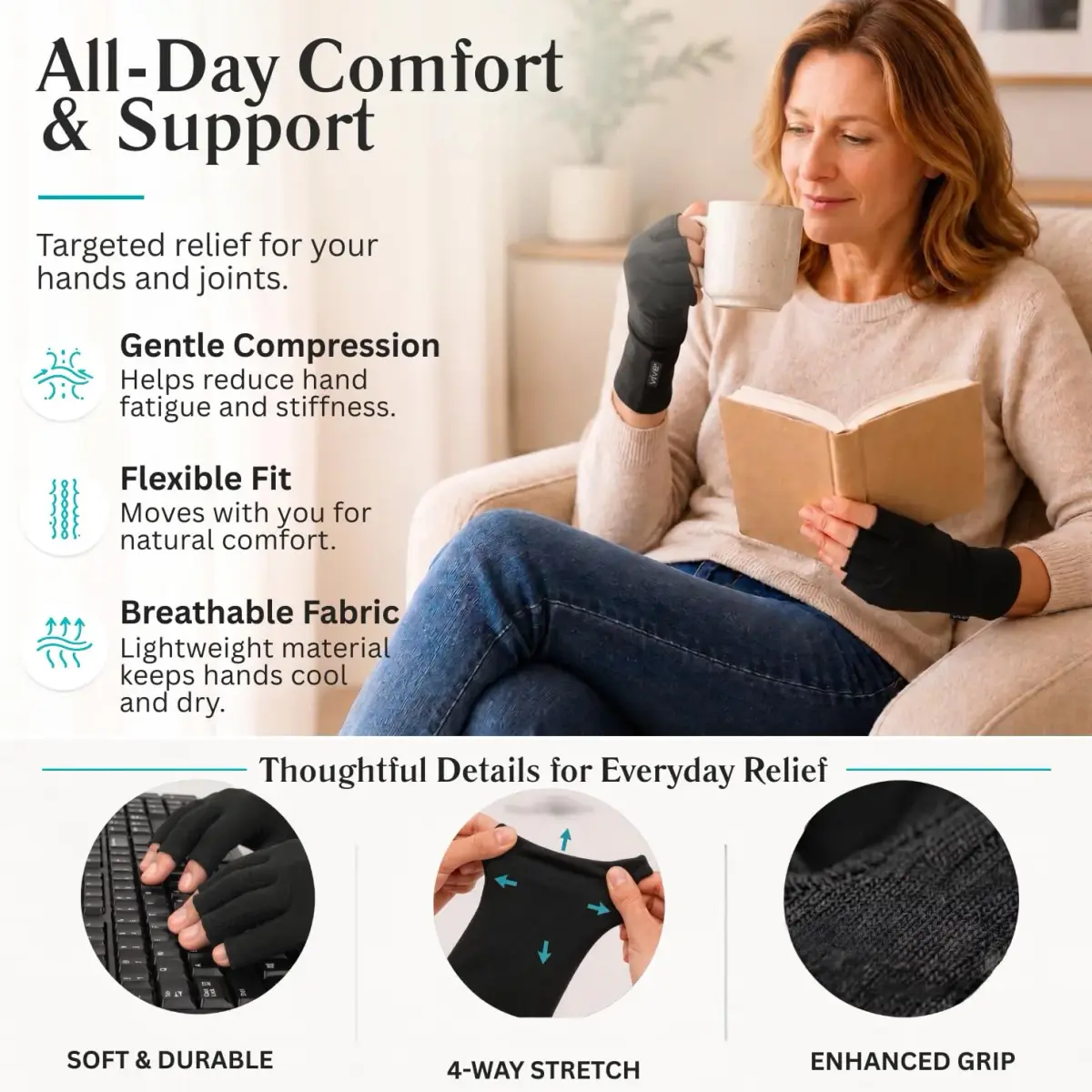 Vive Arthritis Gloves Small Black | Compression Therapy for Joint Pain Relief with Open Finger Design - view 7