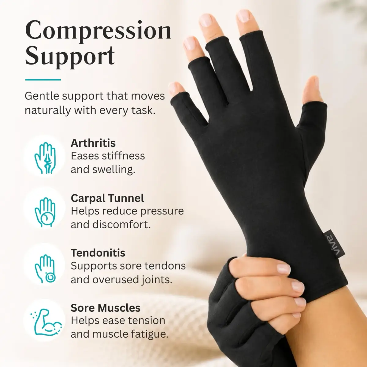 Vive Arthritis Gloves Small Black | Compression Therapy for Joint Pain Relief with Open Finger Design - view 4
