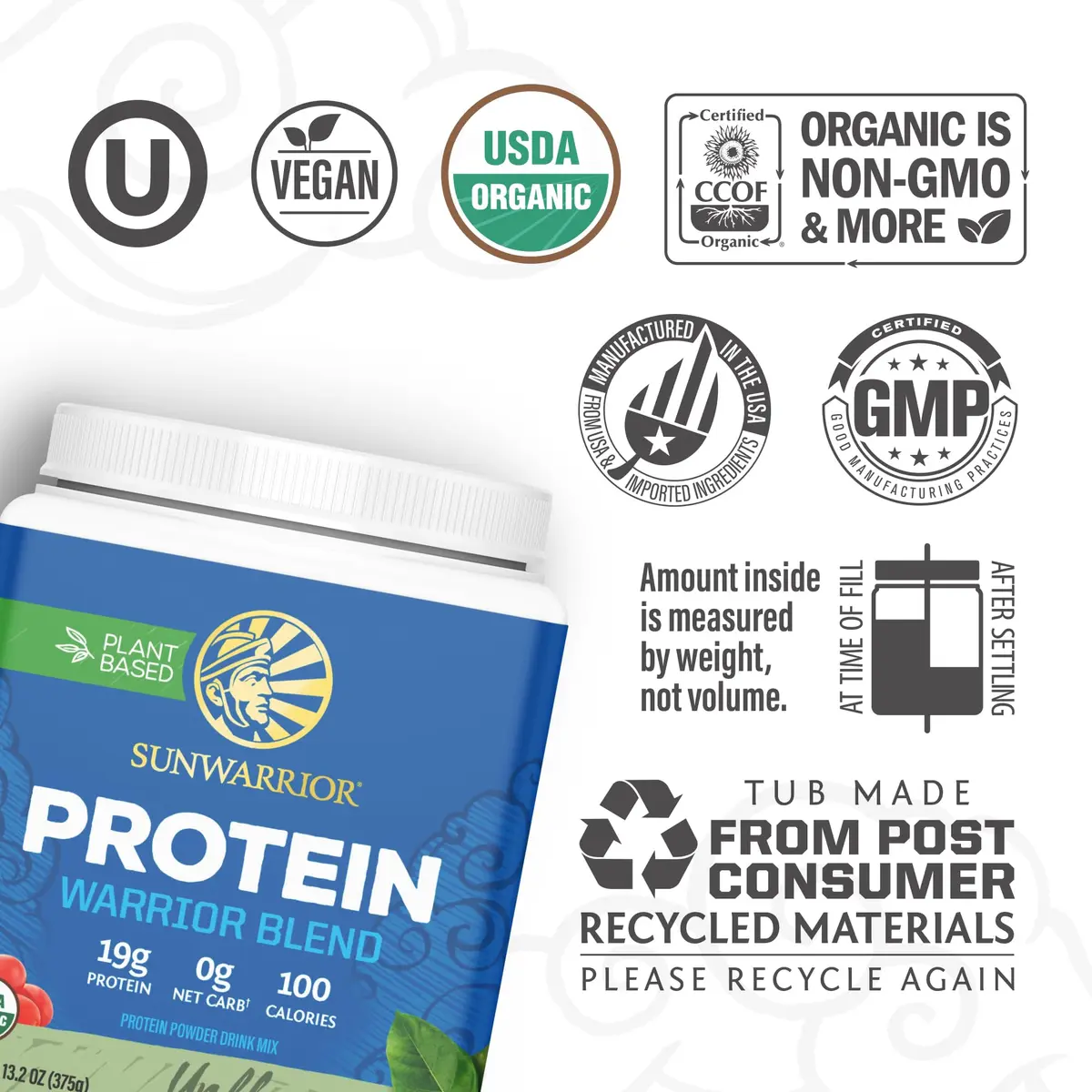 Sunwarrior Warrior Blend Organic Vegan Protein, Unflavored, 15 Servings | Plant-Based Protein for Active Lifestyle - view 3