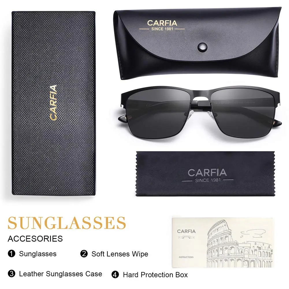CARFIA Polarized Sunglasses for Men Spring Hinge Metal Frame CA5225 | Classic Square Design with UV400 Protection - view 6
