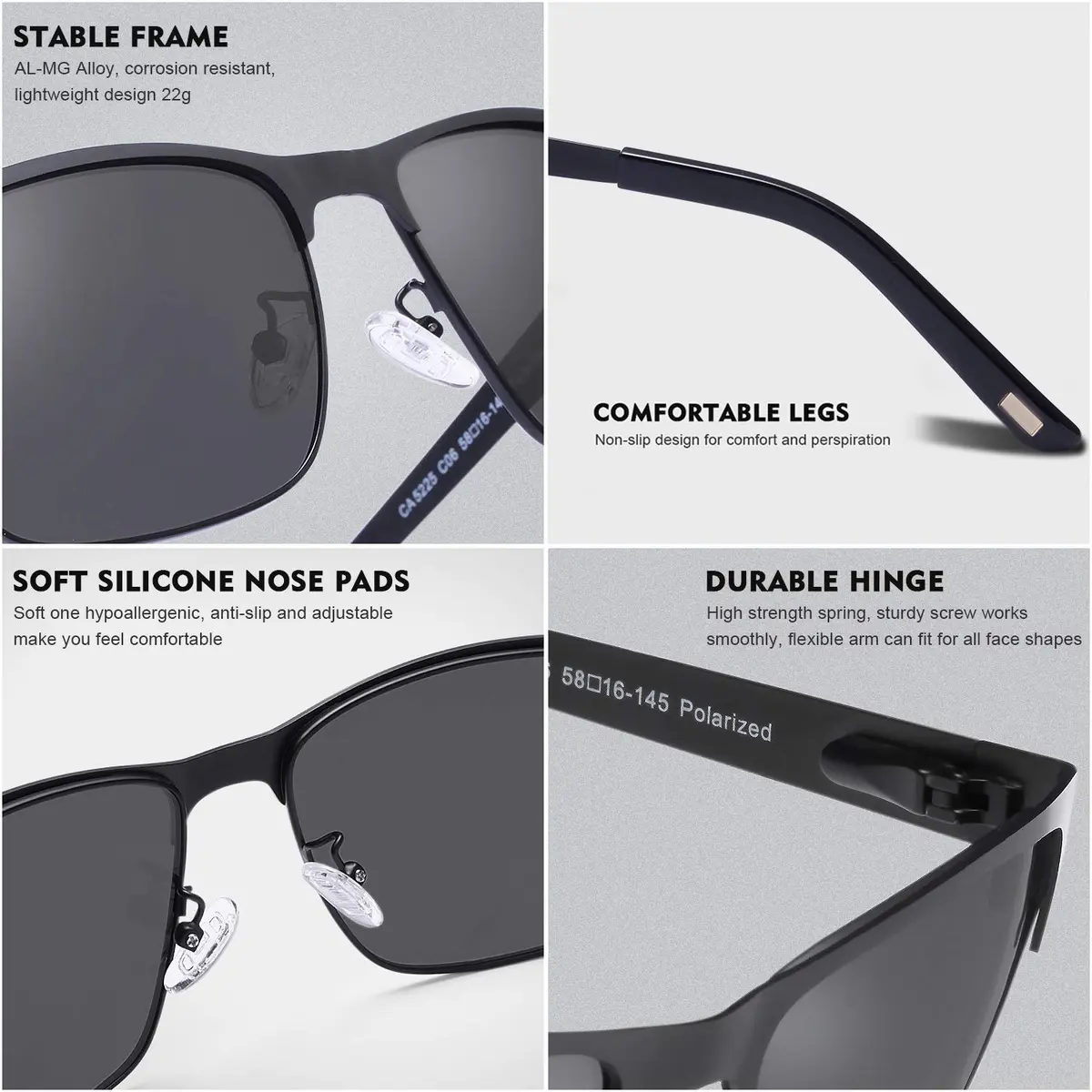 CARFIA Polarized Sunglasses for Men Spring Hinge Metal Frame CA5225 | Classic Square Design with UV400 Protection - view 7