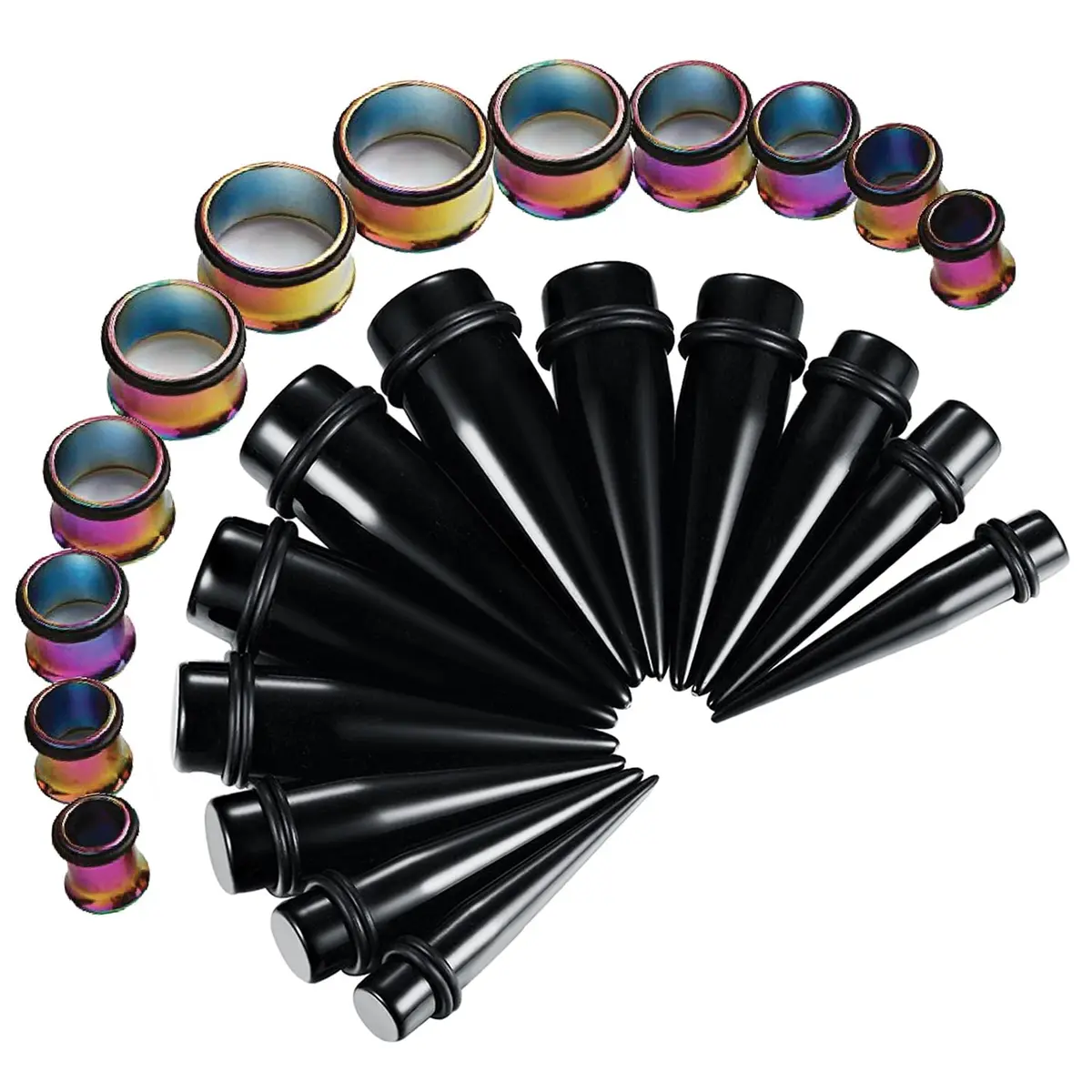 BodyJ4You 24PC Ear Gauge Stretching Kit - 00G-20mm Rainbow Stainless Steel Tapers & Tunnels - main product image