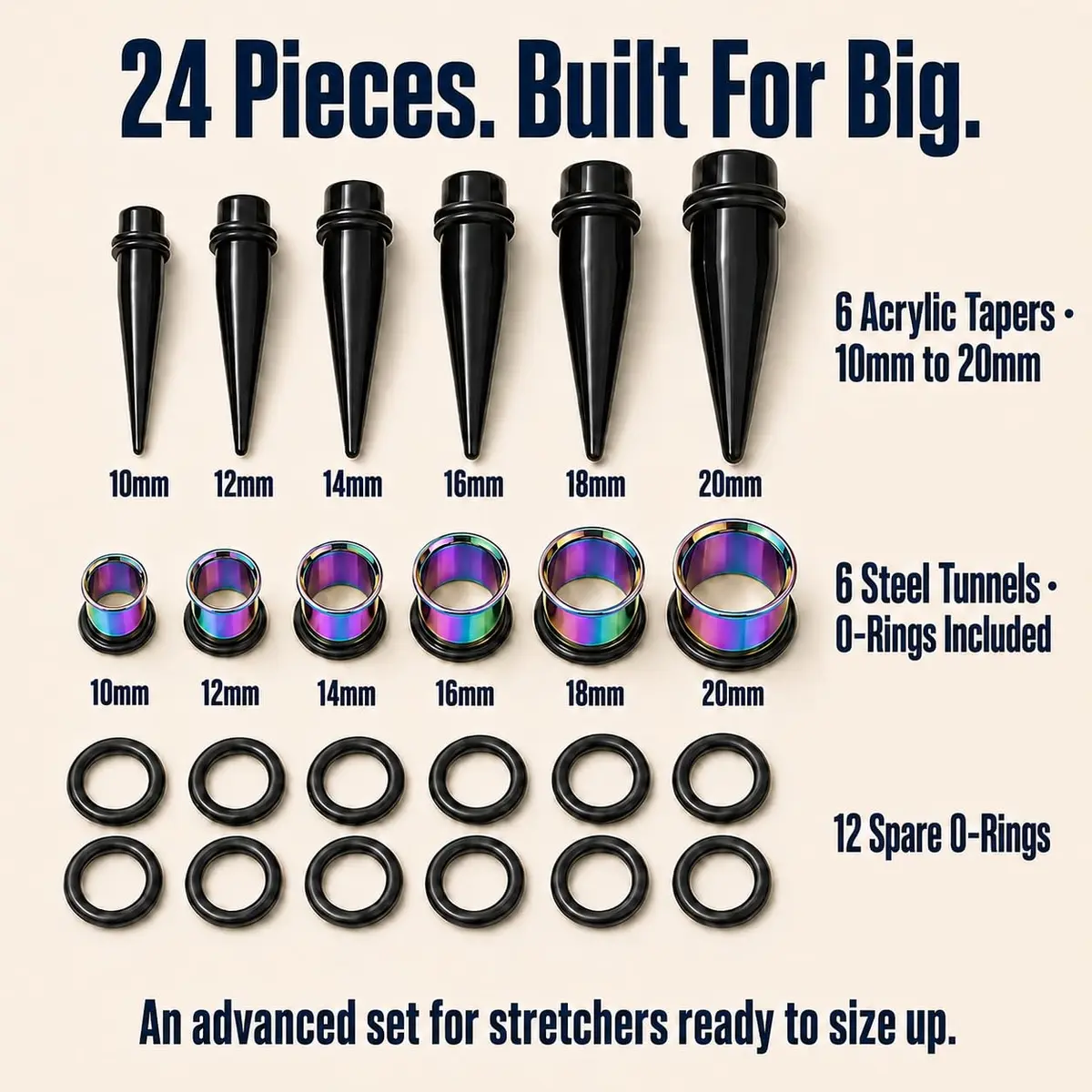 BodyJ4You 24PC Ear Gauge Stretching Kit - 00G-20mm Rainbow Stainless Steel Tapers & Tunnels - view 3